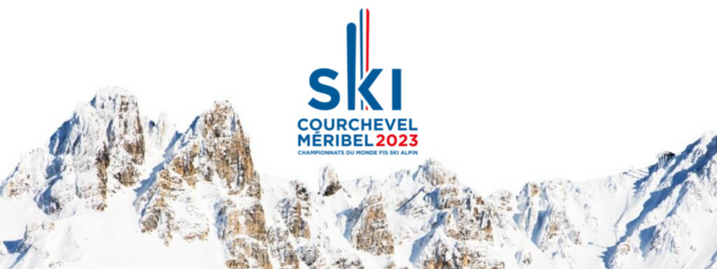 Mountain peaks with logo of the Ski Championship in Courchevel and Meribel 2023