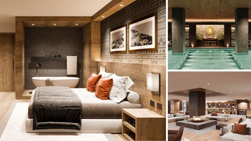 Montage of Hotel  Valtur Cervinia Cristallo Ski Resort - Double bed with free standing bath tub, swimming pool, lounge with fireplace