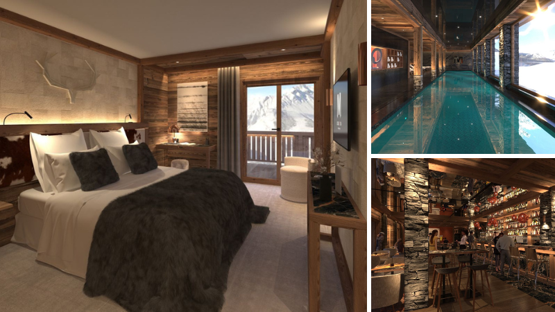 Montage of M Lodge & Spa hotel - double bedroom with mountain view and balcony, long pool in the spa with window facing mountains, dimly lit bar/lounge