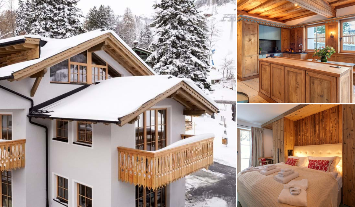 Chalet Marmotta Culm in St. Anton. Pictures a white rendered chalet with wooden windows and glass panelled doors that open onto balconies. Also pictured is a kitchen all in authentic wood pine, as well as a cosy double bed with backlit headboard in chalet style decor.