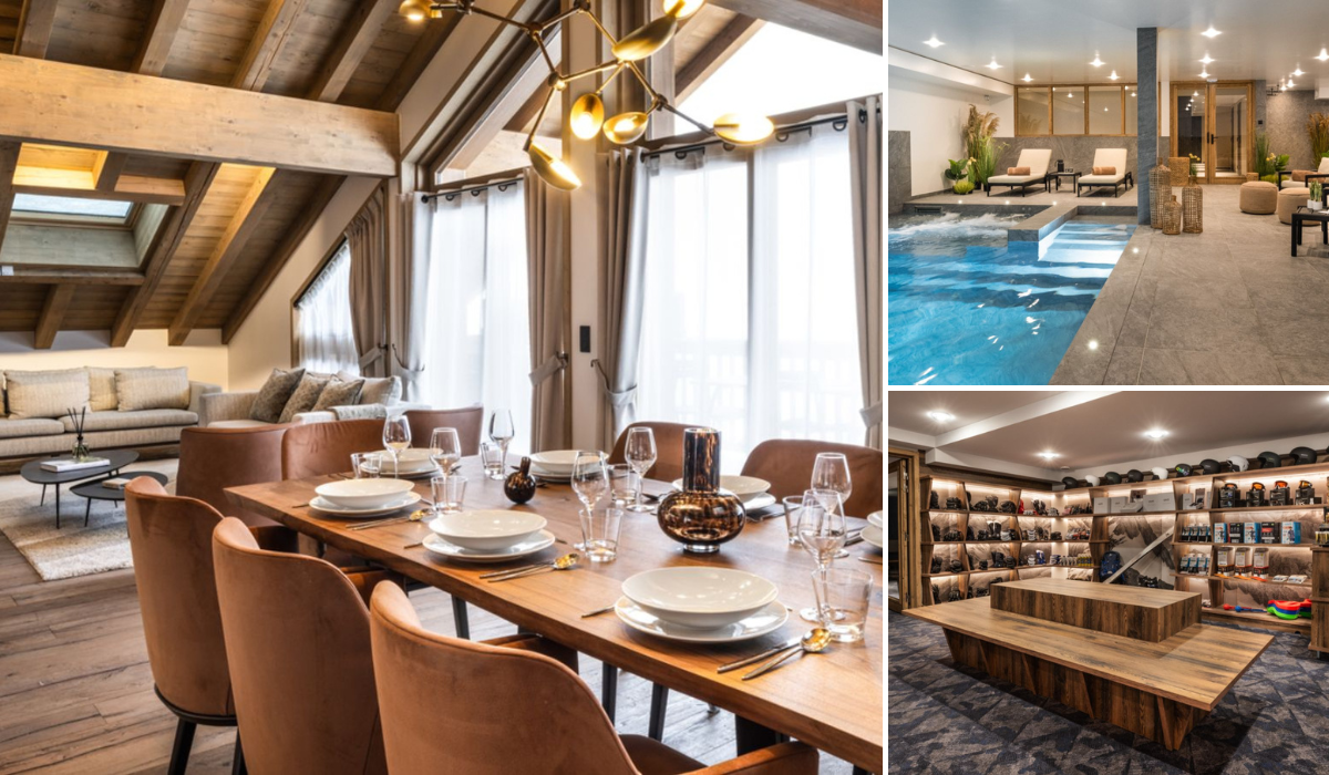 Falcon Lodge, in Meribel. Pictures showing dining and living space with high, sunlit windows, another showing an indoor spa area and pool as well as a stylish and luxurious ski boot room.
