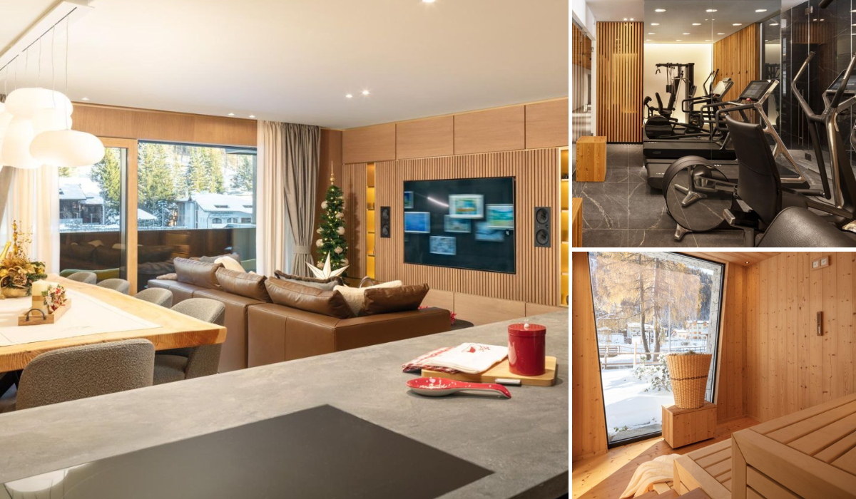 Apartment Nardis, in Madonna di Campiglio, pictures show a small, open plan living space with a media wall and large window. Also, an indoor gym with exercise equipment as well as a sauna with external outdoor view through a window.