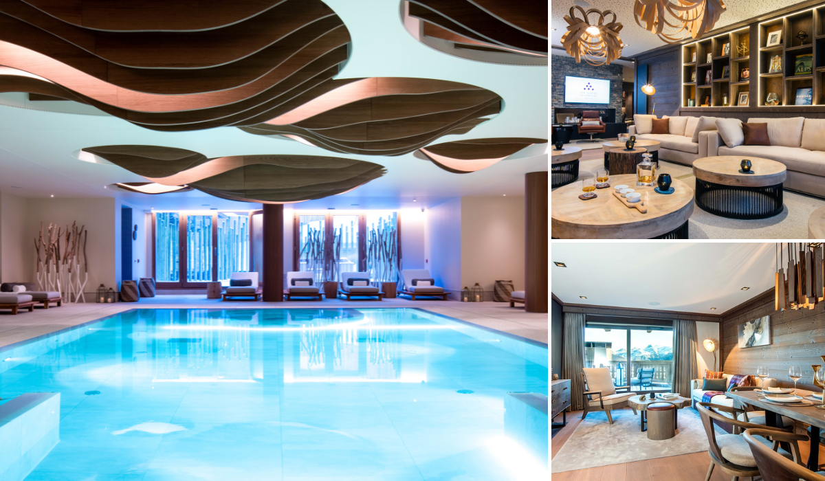 Six Senses Residences in Courchevel 1850. Photos of shared poo, communal ski lounge and private living space.