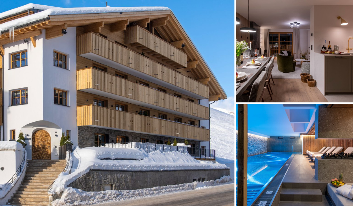 Brunnenhof Residences in Lech, Austria. Showing photos of the external facade of the building complex, with wooden balconies. Also pictured is an apartment living space and an image of an indoor pool with lounger beds on the side.