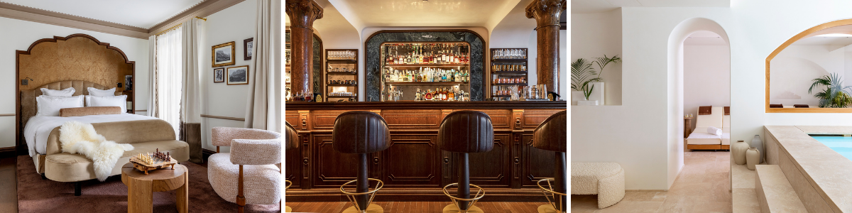 Three images: Hotel bedroom, swanky bar, and spa area in a medirteranean style