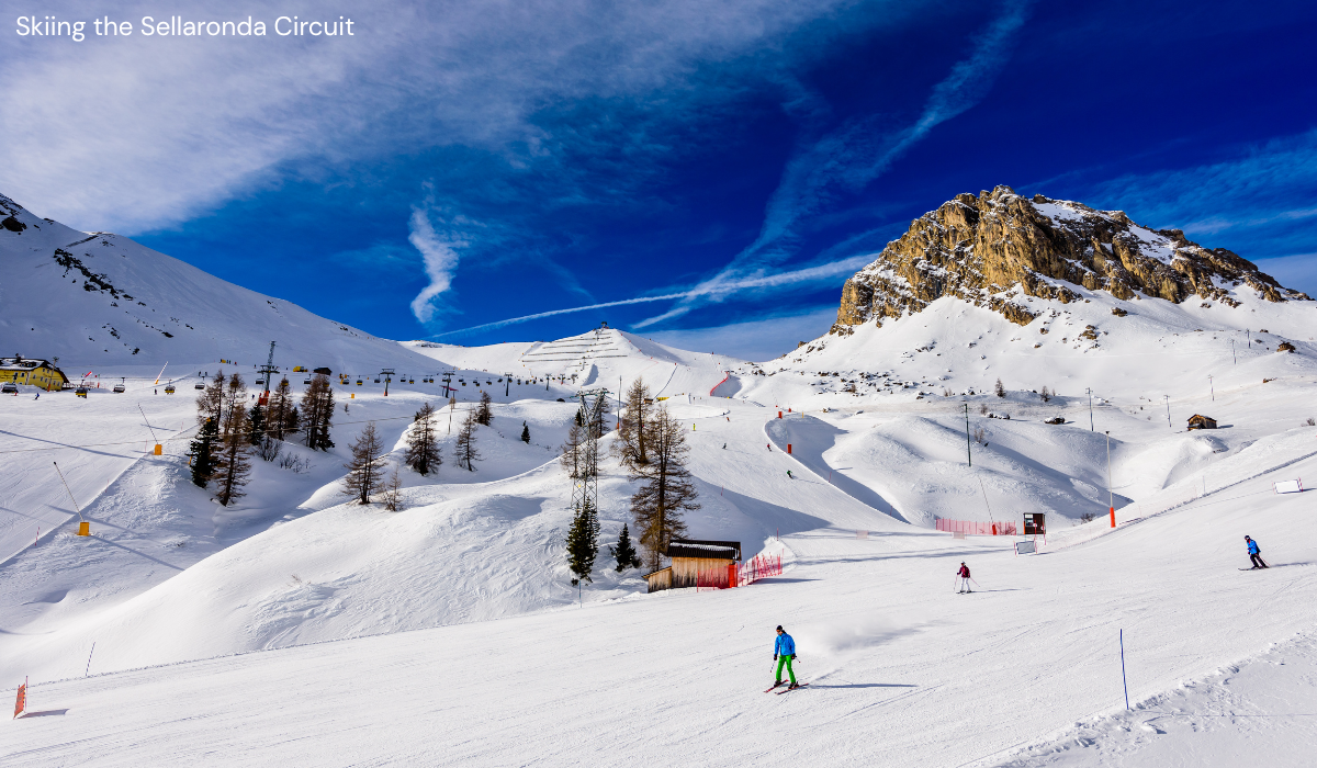 Ski slopes and pistes with sharp pale rock mountain sticking out of the snowy landcape. skiiers skiing down slope.
