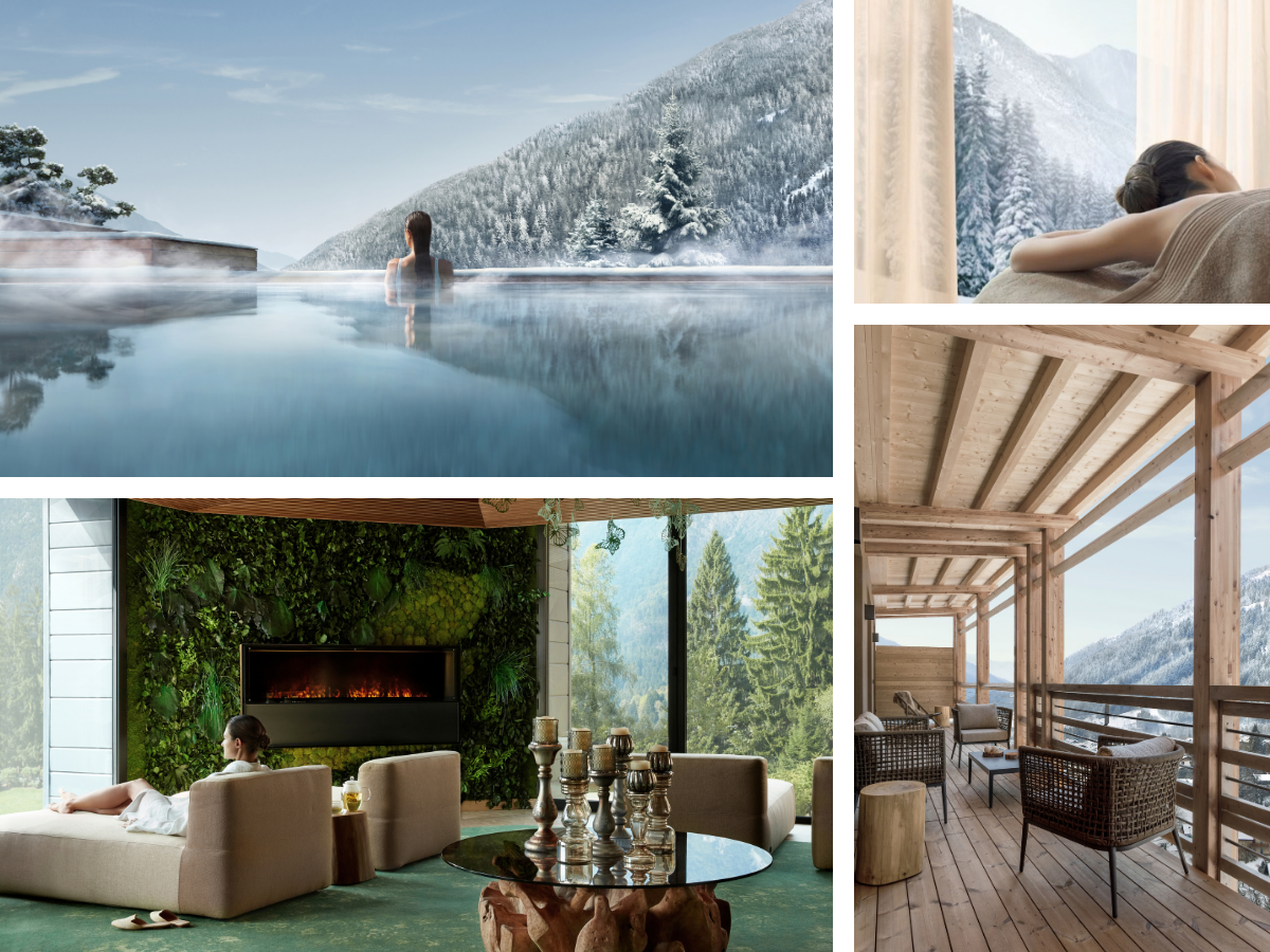 Outdoor heated swimming pool over looking snow-covered trees
