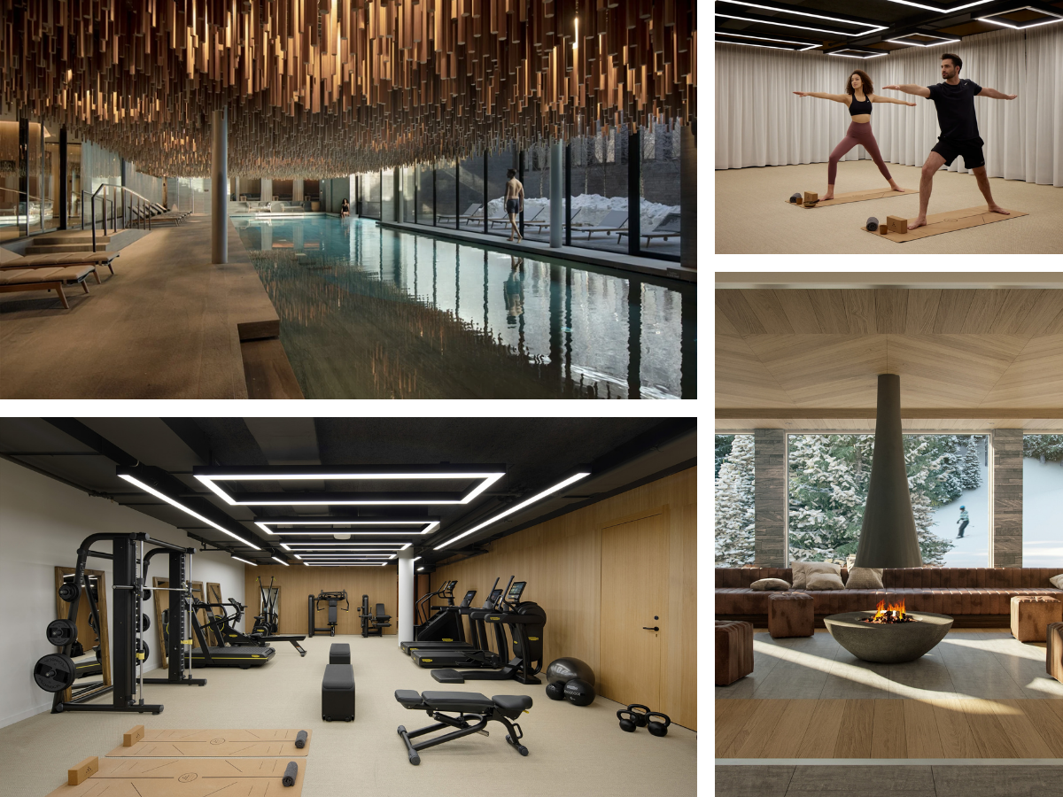 Indoor pool with sound absorbing texture on the ceiling, modern gym and yoga.