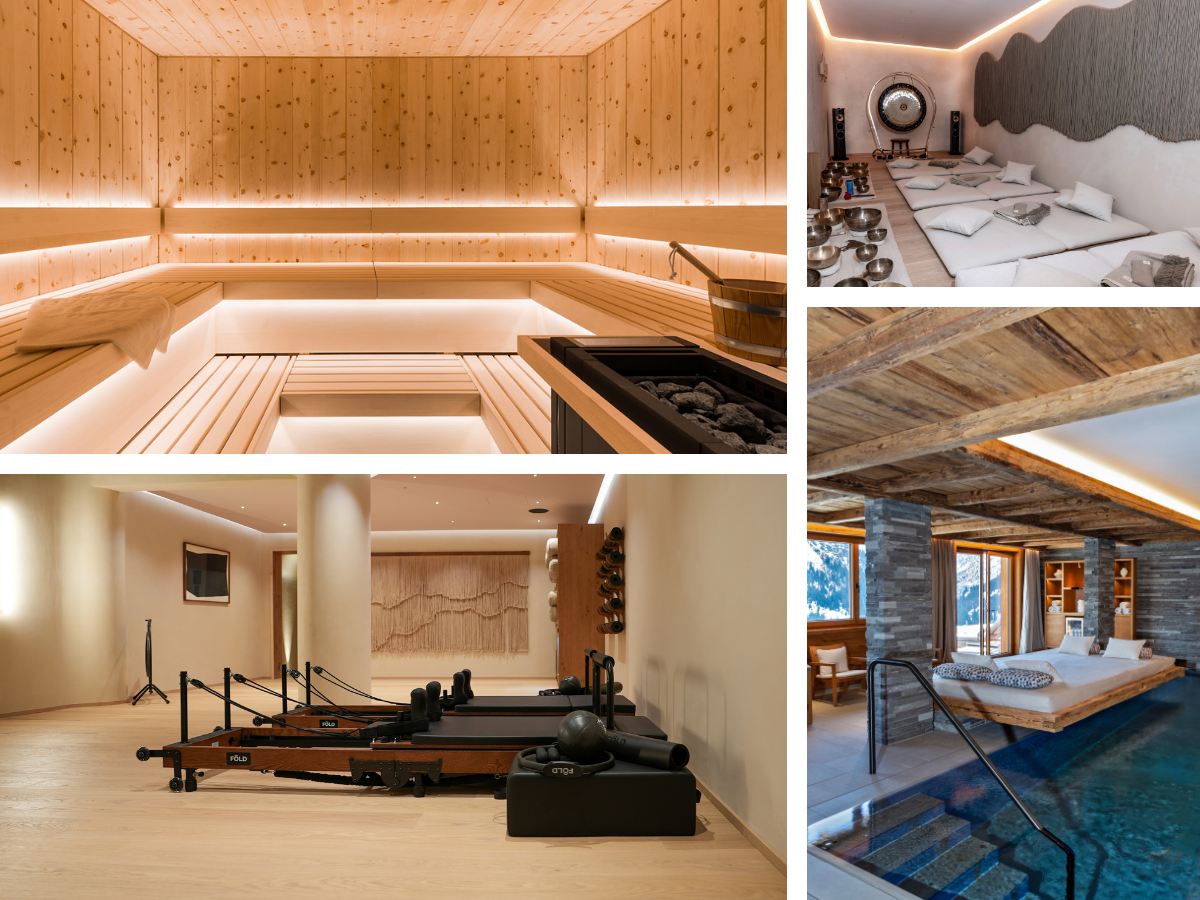 Large sauna with hidden lighting strips, Yoga studio with reformer. Sound healing room and floating bed over the indoor swimming pool.