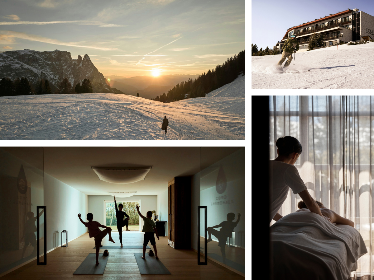 Sun set over a horizon with mountain peaks and a snowy platau.