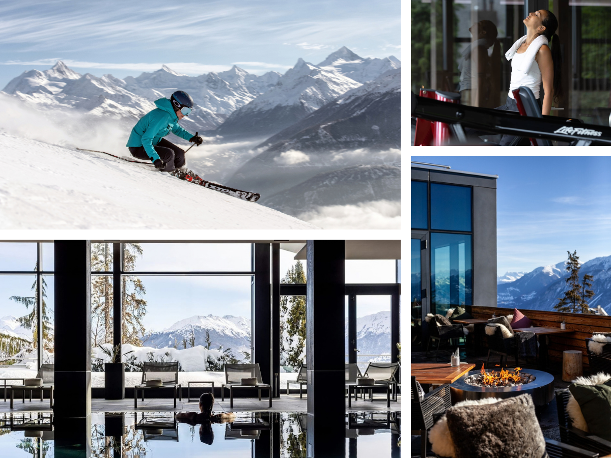 Skiier carving down a piste, sunny views from an indoor pool with large windows